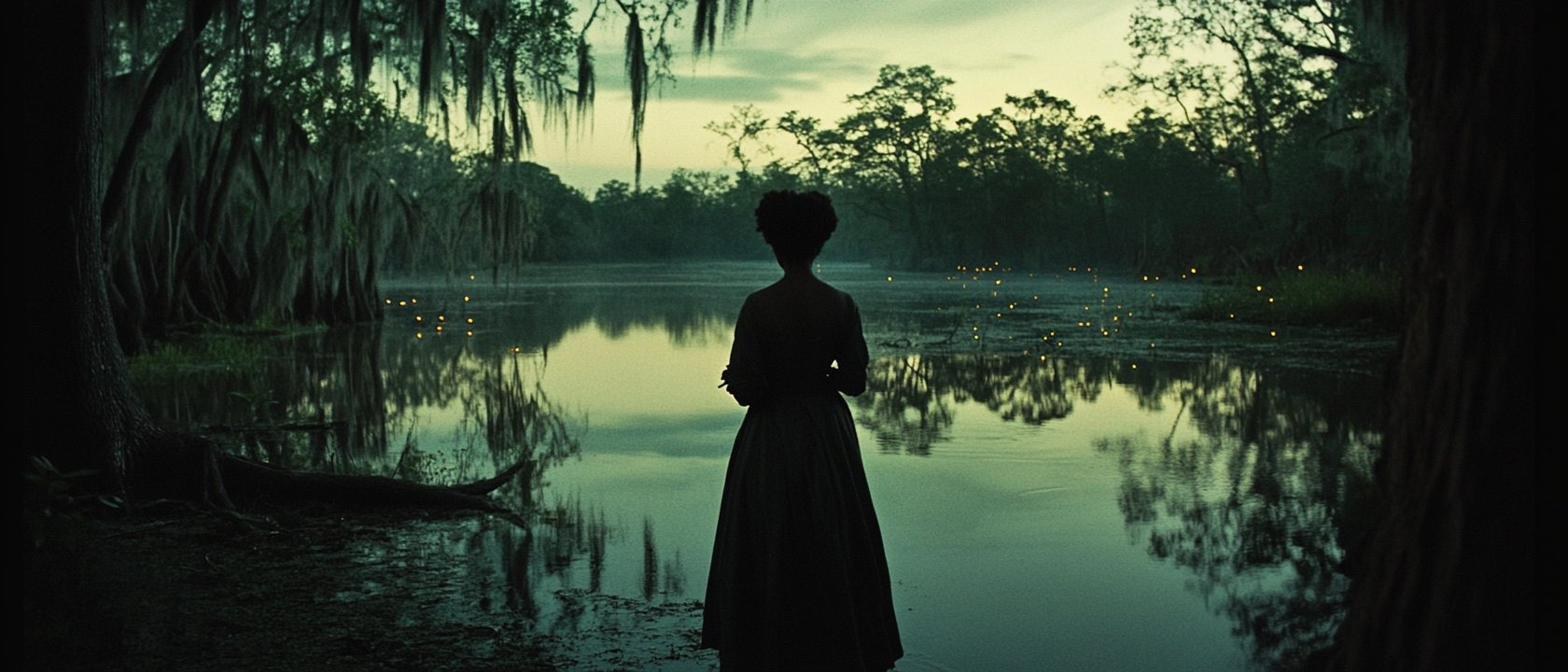 Production still from Consumption in 6 Acts: silhouette of a Black woman in period dress standing at the edge of a Louisiana bayou at dusk, Spanish moss draped in the trees, fireflies across the water