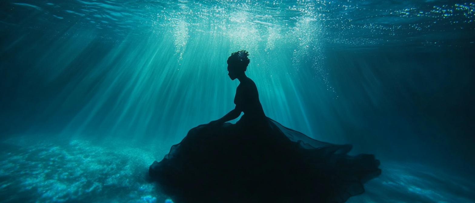 Visual research: underwater cinematic shot of a Black woman in flowing dress silhouetted against shafts of turquoise light piercing the surface above