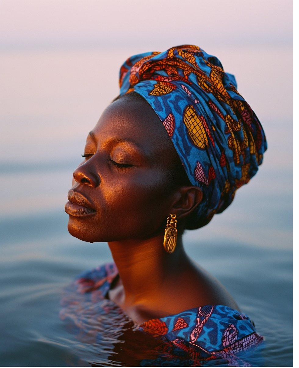Visual research: intimate close-up portrait of a Yoruba woman, warm brown tones, shallow depth of field