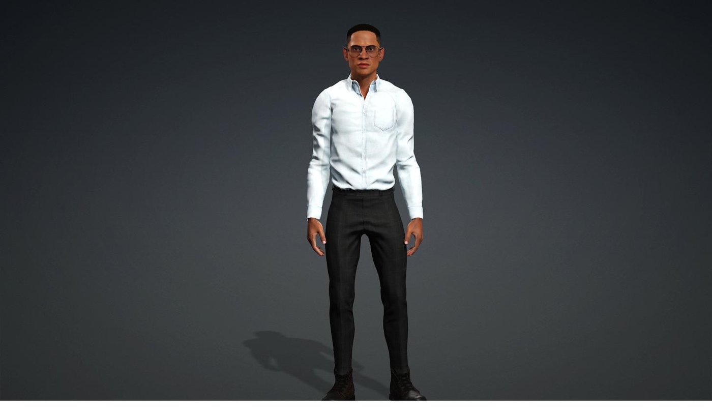 The Diplomat, a GeniusQuest player character: young Black man in glasses, white button-down shirt and charcoal trousers, standing composed in studio lighting