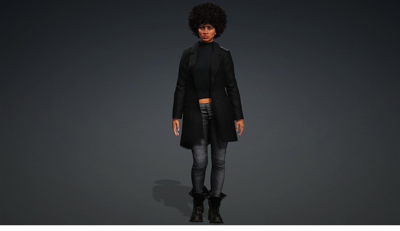 Character render from GeniusQuest: The Guardian, a young Black woman with a natural afro in a dark coat, standing in a dramatically lit studio setting