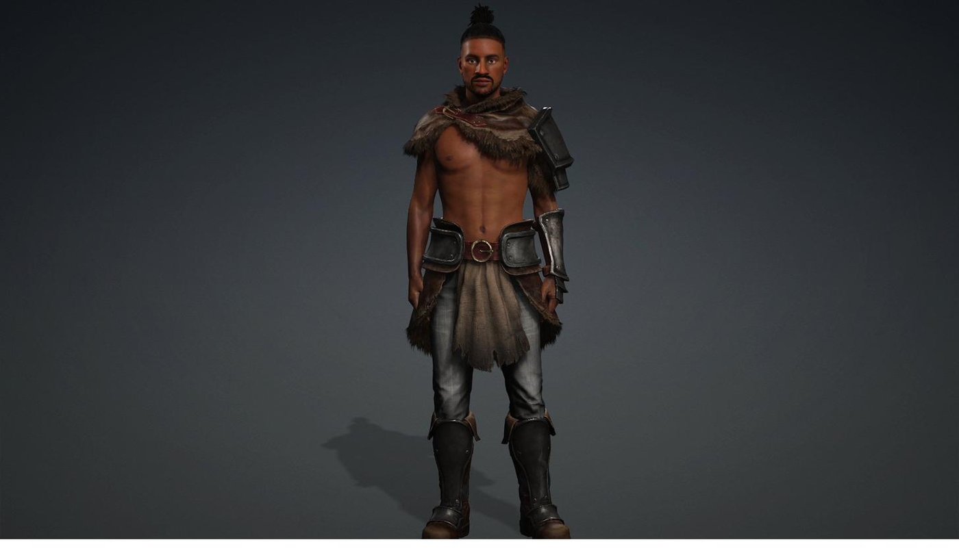 The Rebel, a GeniusQuest player character: young Black man with a topknot, armored belt and fur mantle over jeans and boots, post-apocalyptic warrior aesthetic
